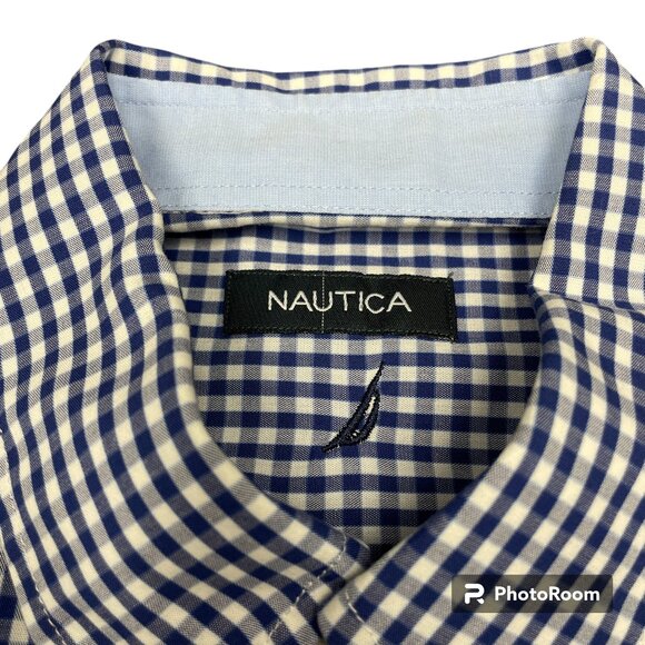 Men's NAUTICA Blue/White Gingham Button Down Long Sleeve Shirt- Size Large - Picture 2 of 10